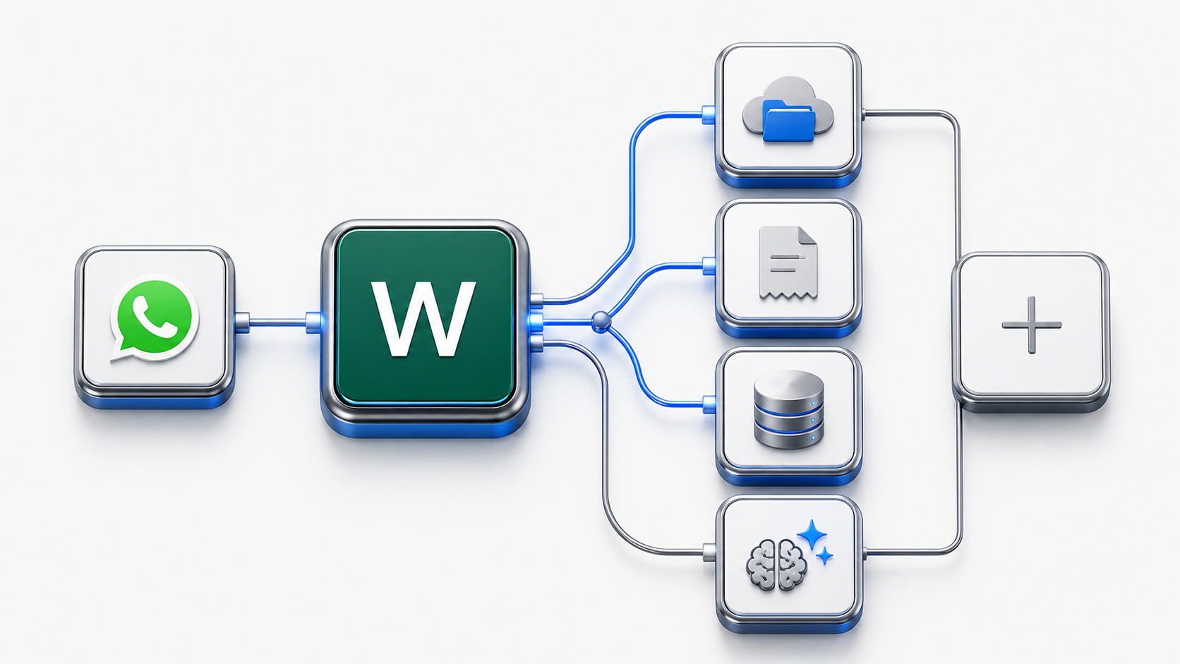 A modular Whagentize workflow connecting WhatsApp to interchangeable business and AI actions